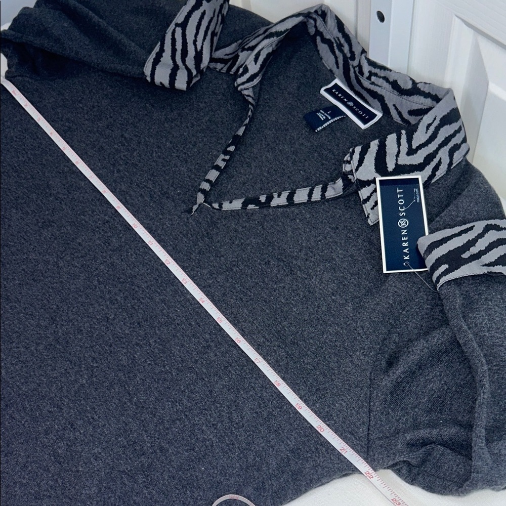 Karen Scott Charcoal Gray Long Sleeve Polo with Zebra Trim Sz Large 100% cotton - Picture 5 of 8
